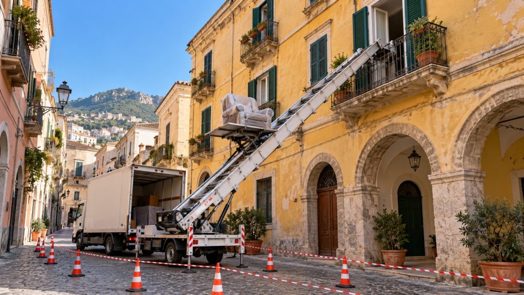 Camion con autoscala appoggiata al balcone di un palazzo storico con i portici, area di lavoro delimitata da coni e nastro bianco e rosso